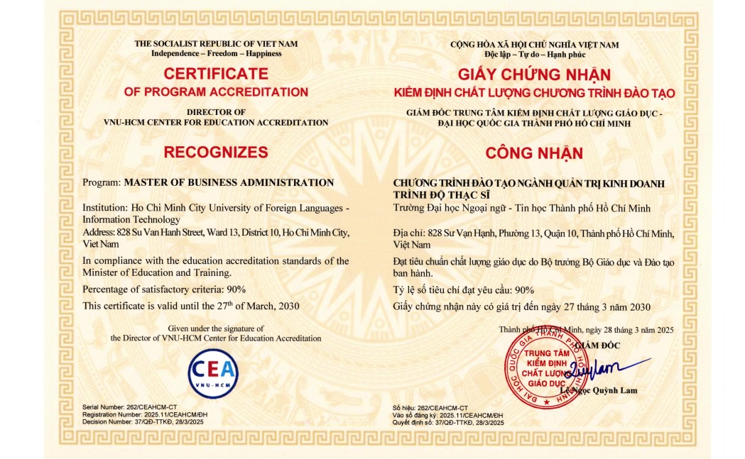 Chứng nhận kiểm định Chương trình đào tạo trình độ Thạc sĩ ngành Quản trị kinh doanh