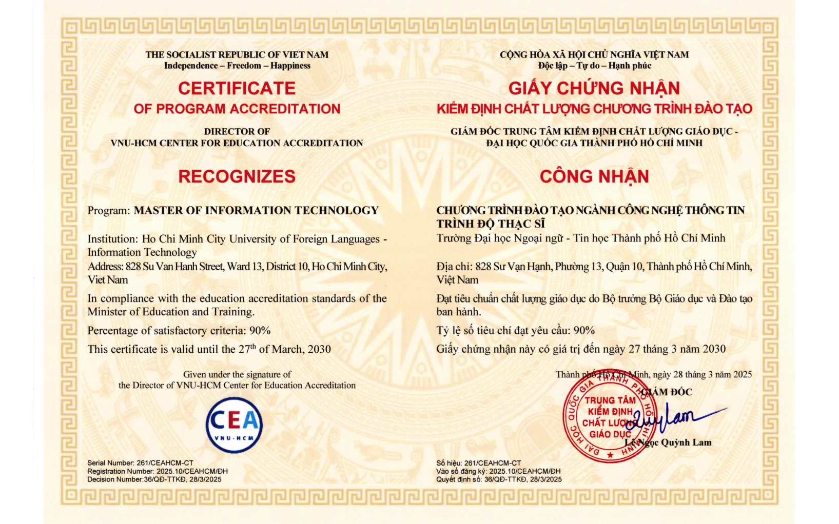 Chứng nhận kiểm định Chương trình đào tạo trình độ Thạc sĩ ngành Công nghệ thông tin